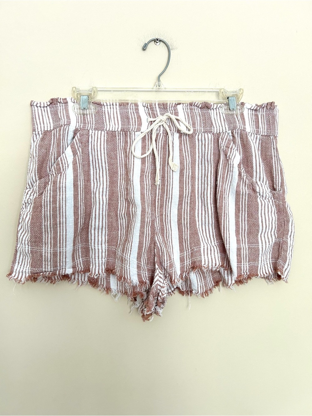 Madden Girl Women’s White & Brown Stripe Drawstring Linen Shorts
